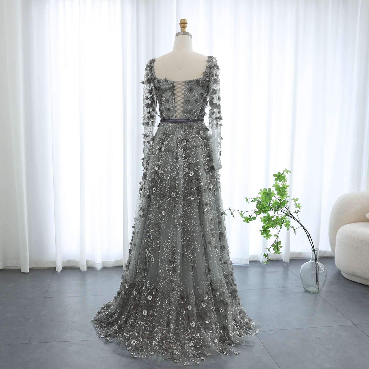 Luxury 3D Flower Gray Long Sleeves Evening Dresses for Women Wedding Party Elegant A-line Formal Gowns