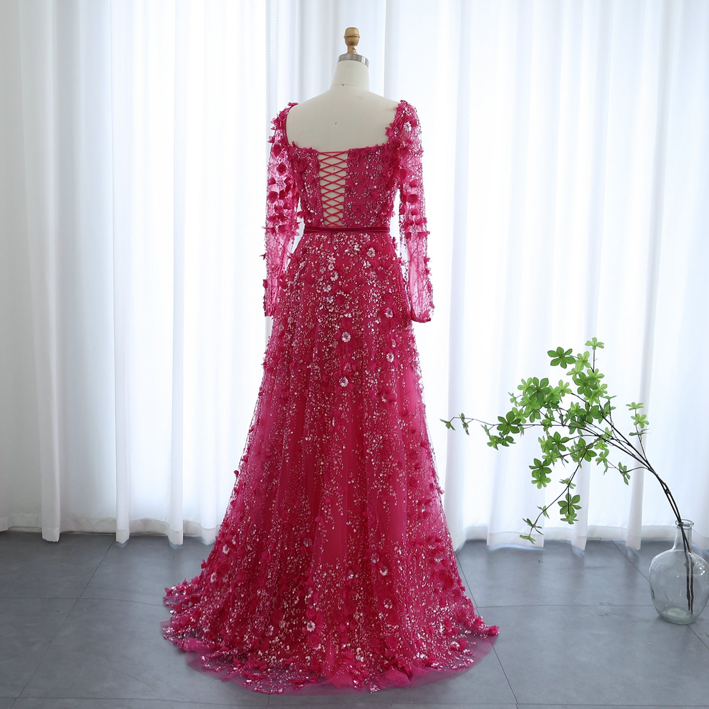 Luxury 3D Flower Gray Long Sleeves Evening Dresses for Women Wedding Party Elegant A-line Formal Gowns