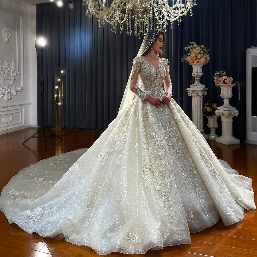 Luxury Beaded Long Sleeve Ball Gown Bridal Wedding Dress