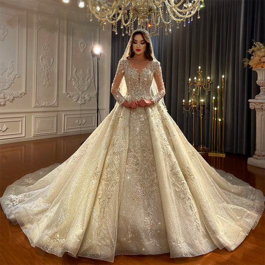 Luxury Beaded Long Sleeve   Ball Gown Bridal Wedding Dress