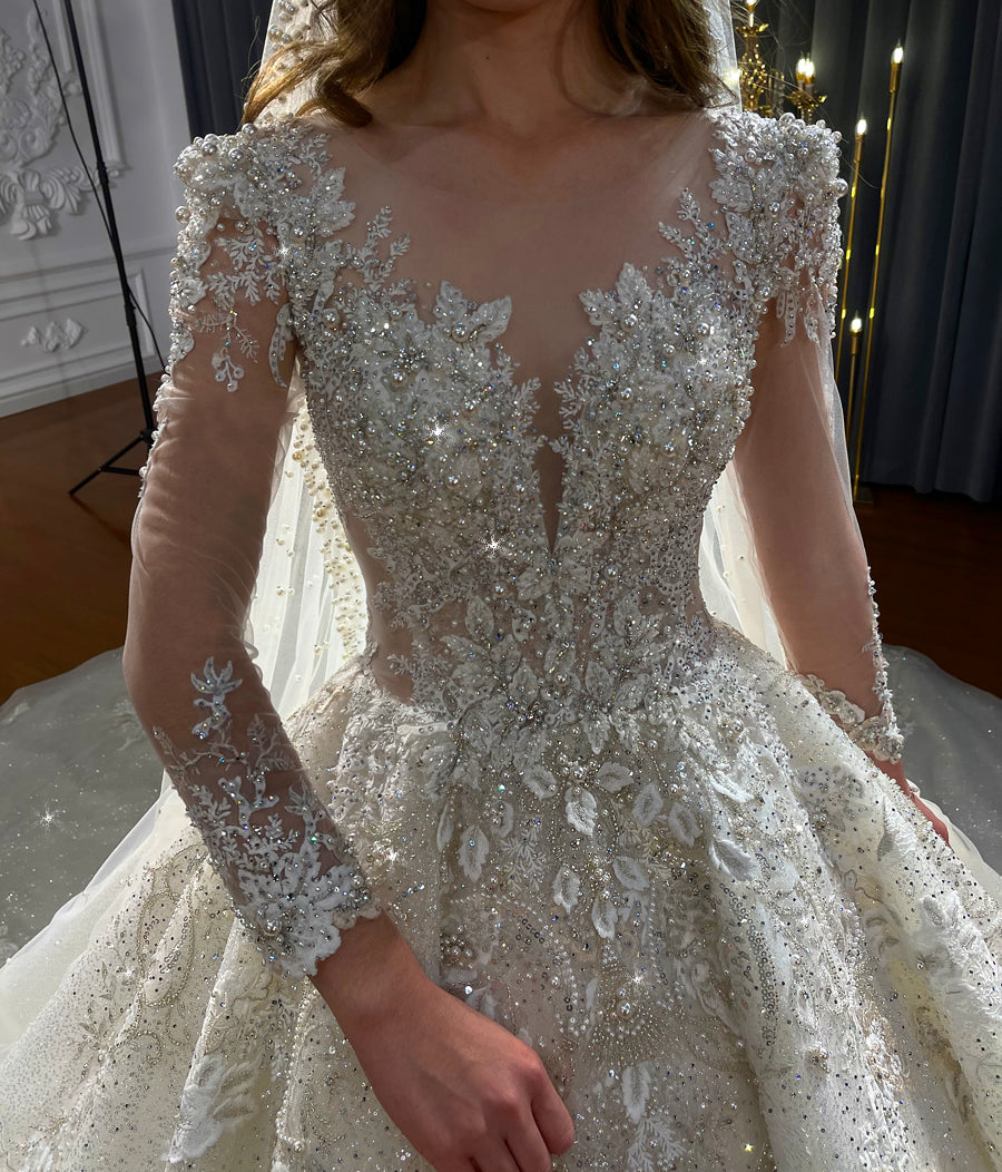 Luxury Beaded Long Sleeve Ball Gown Bridal Wedding Dress