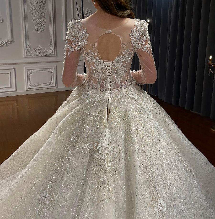 Luxury Beaded Long Sleeve Ball Gown Bridal Wedding Dress