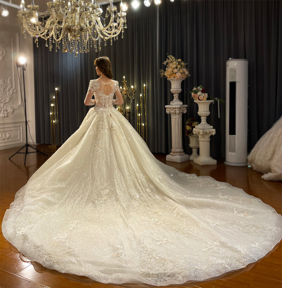 Luxury Beaded Long Sleeve Ball Gown Bridal Wedding Dress