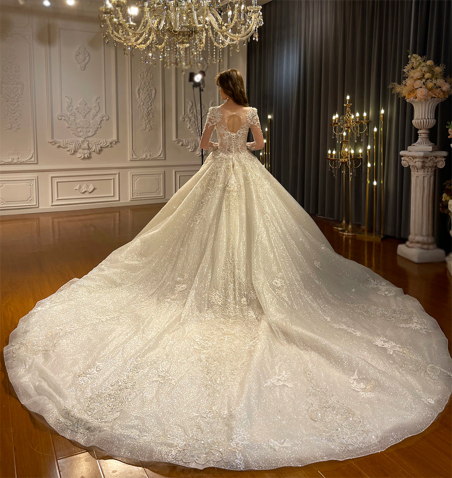 Luxury Beaded Long Sleeve Ball Gown Bridal Wedding Dress