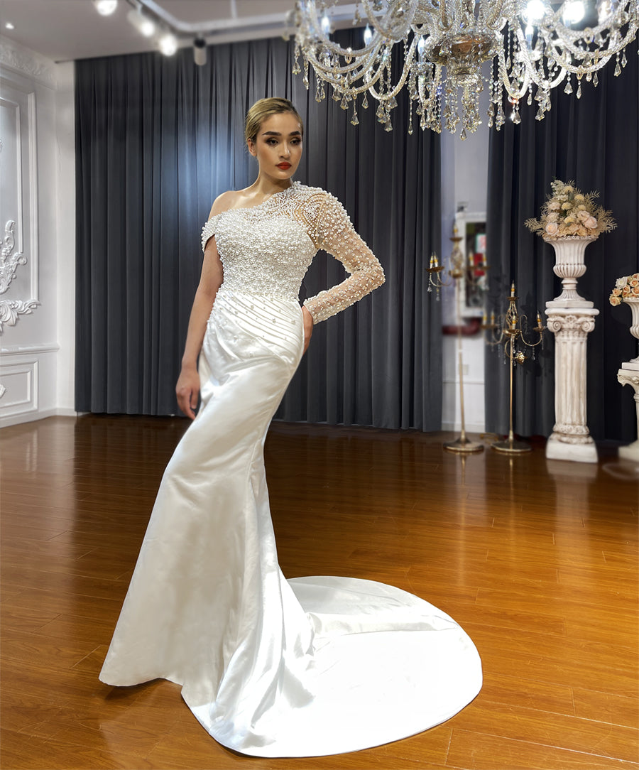 New Mermaid Wedding Dress Elegant Beaded Cross Lace Satin Wedding Dress With Detachable Train