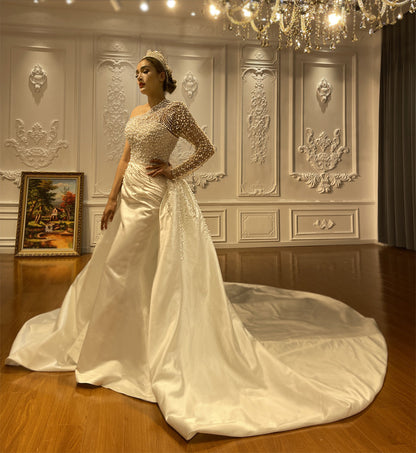 New Mermaid Wedding Dress Elegant Beaded Cross Lace Satin Wedding Dress With Detachable Train