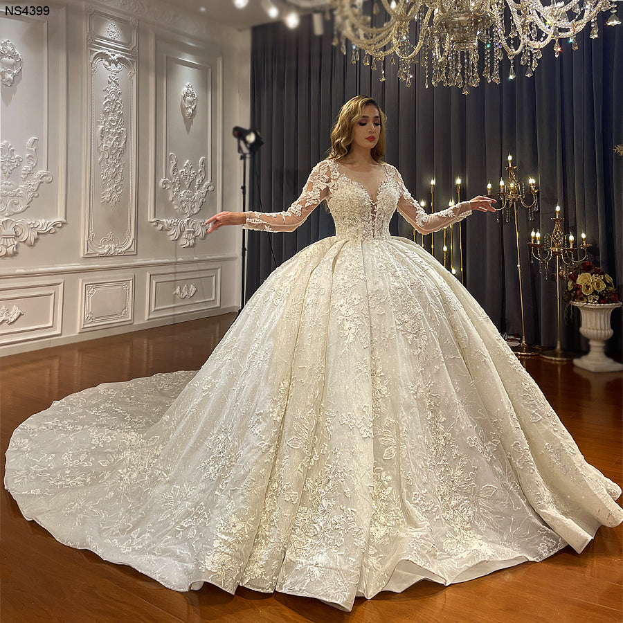 Heavy Beaded Long Sleeve Luxury Bridal Wedding Dress