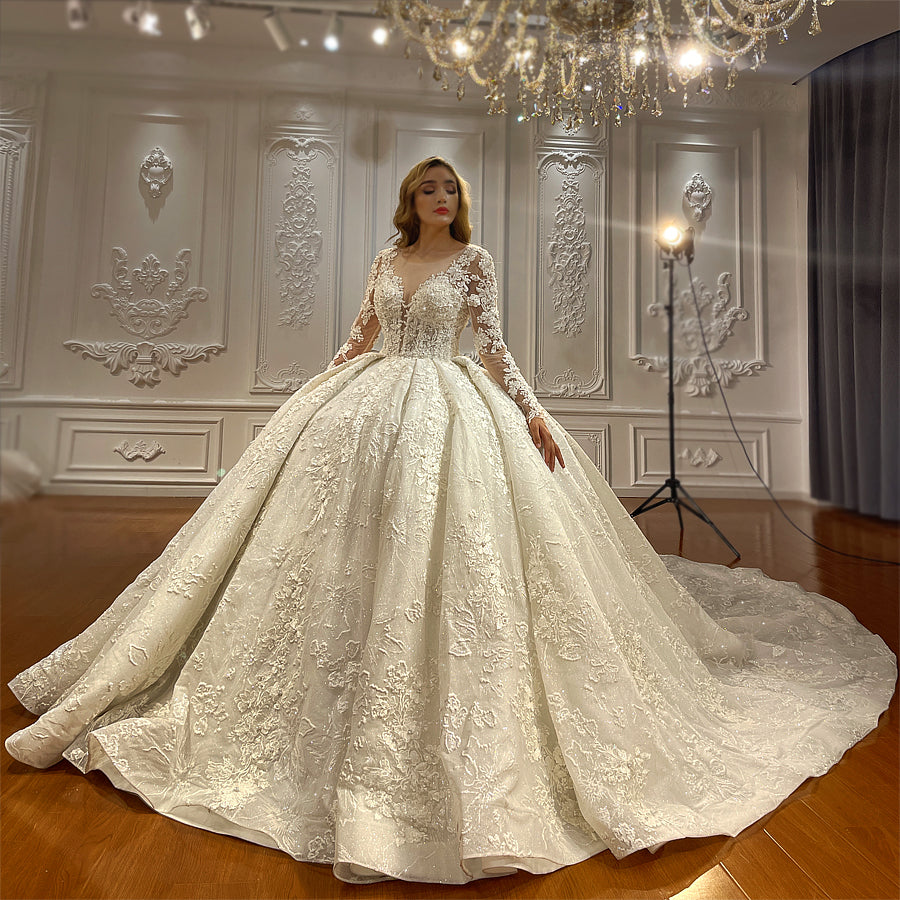 Heavy Beaded Long Sleeve Luxury Bridal Wedding Dress