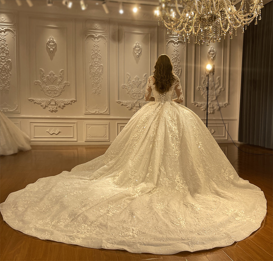 Heavy Beaded Long Sleeve Luxury Bridal Wedding Dress