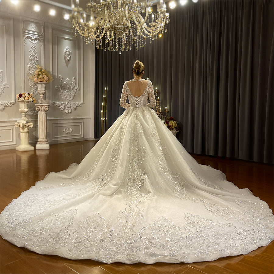 Heavy Beaded Long Sleeve Luxury Ball Gown Bridal Wedding Dress