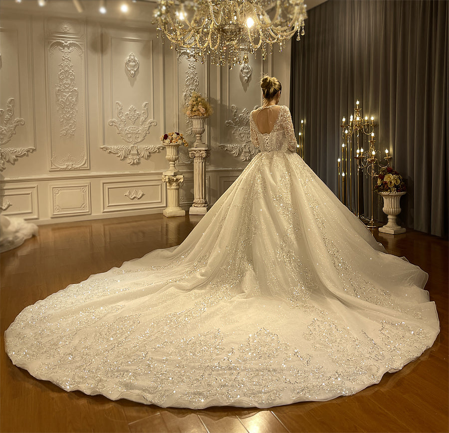 Heavy Beaded Long Sleeve Luxury Ball Gown Bridal Wedding Dress