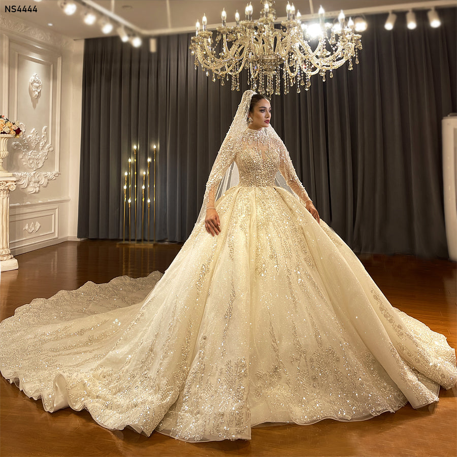 Heavy Beaded Long Sleeve Luxury Ball Gown Bridal Wedding Dress