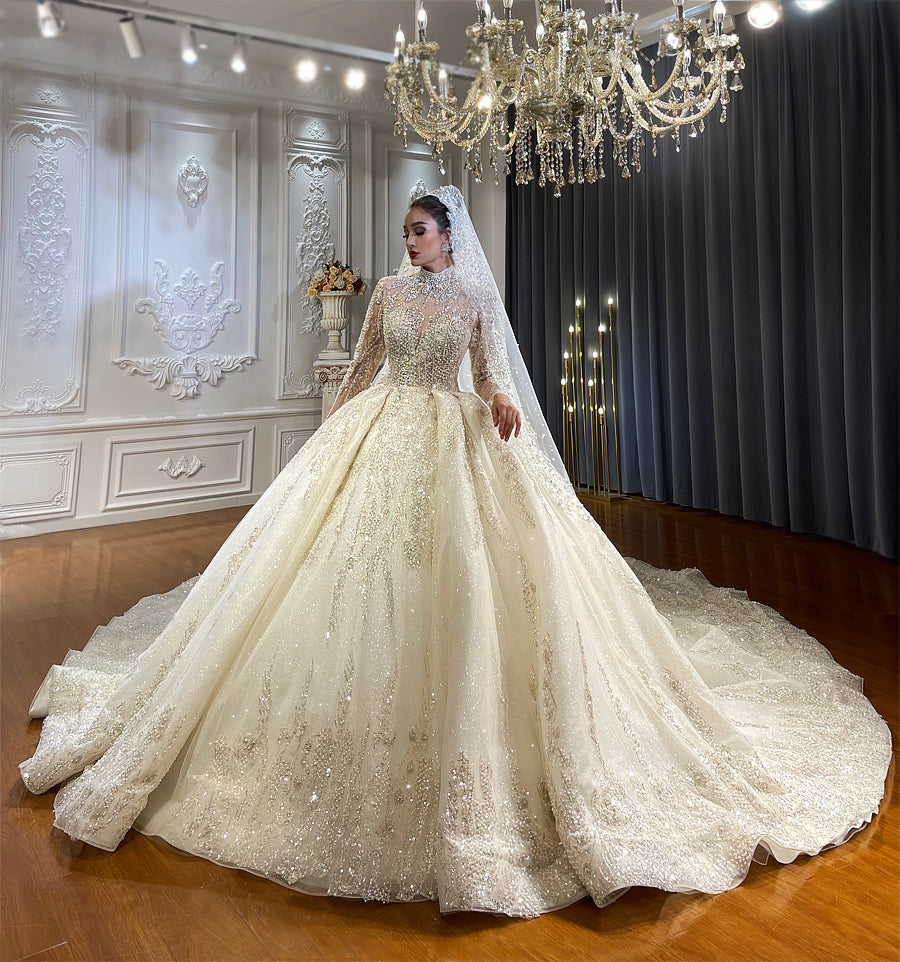 Heavy Beaded Long Sleeve Luxury Ball Gown Bridal Wedding Dress