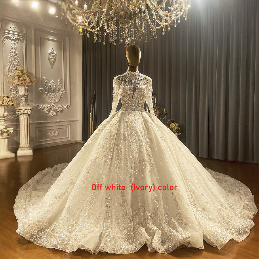 Heavy Beaded Long Sleeve Luxury Ball Gown Bridal Wedding Dress