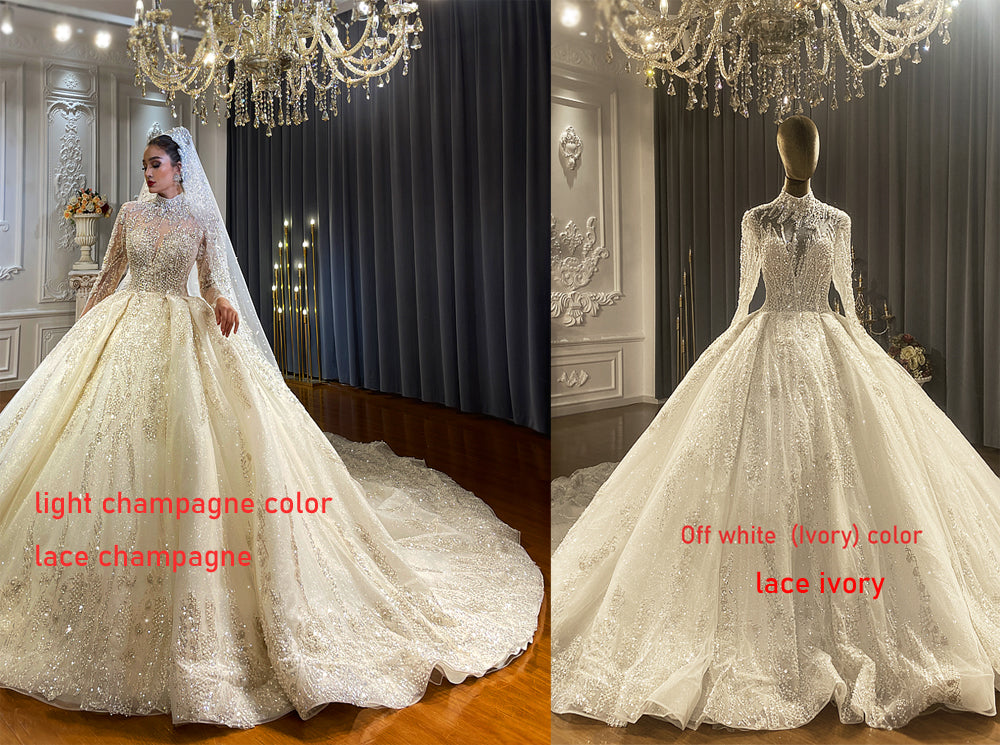 Heavy Beaded Long Sleeve Luxury Ball Gown Bridal Wedding Dress