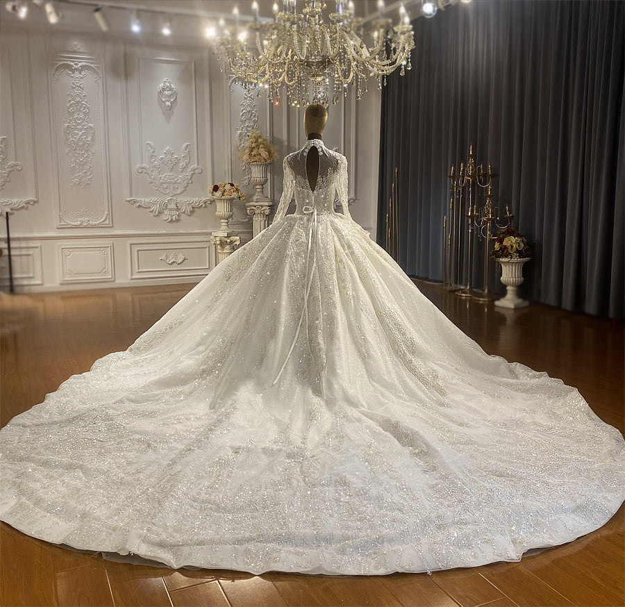 Heavy Beaded Long Sleeve Luxury Ball Gown Bridal Wedding Dress