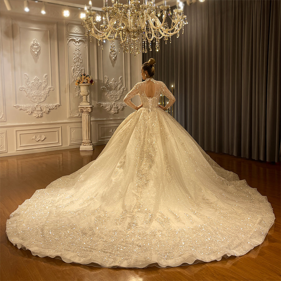 Heavy Beaded Long Sleeve Luxury Ball Gown Bridal Wedding Dress