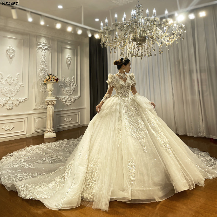 Heavy Beaded Long Sleeve Luxury Ball Gown Bridal Wedding Dress