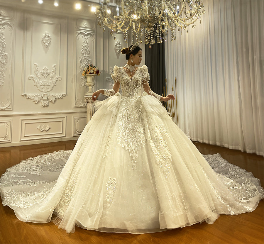Heavy Beaded Long Sleeve Luxury Ball Gown Bridal Wedding Dress