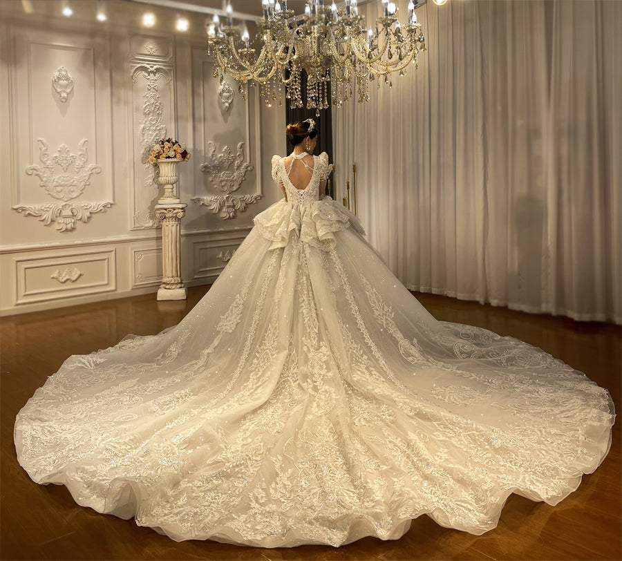 Heavy Beaded Long Sleeve Luxury Ball Gown Bridal Wedding Dress