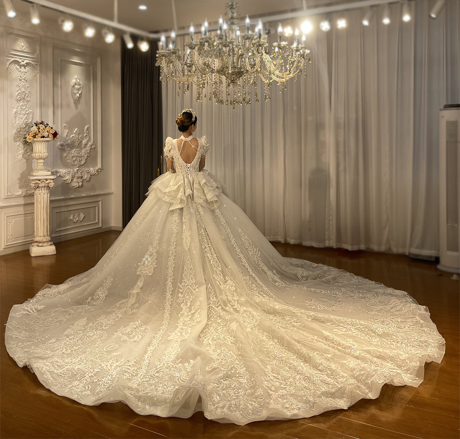 Heavy Beaded Long Sleeve Luxury Ball Gown Bridal Wedding Dress