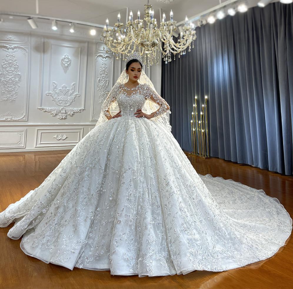Heavy Beaded Long Sleeve Luxury dreamy Ball Gown Bridal Wedding Dress