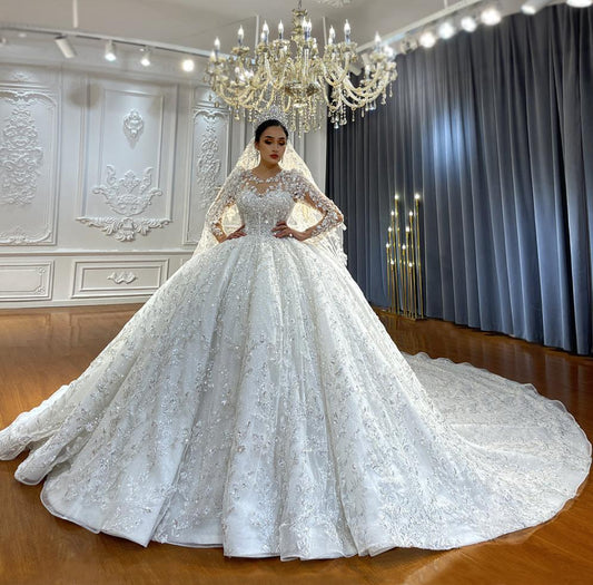 Heavy Beaded Long Sleeve Luxury dreamy  Ball Gown Bridal Wedding Dress