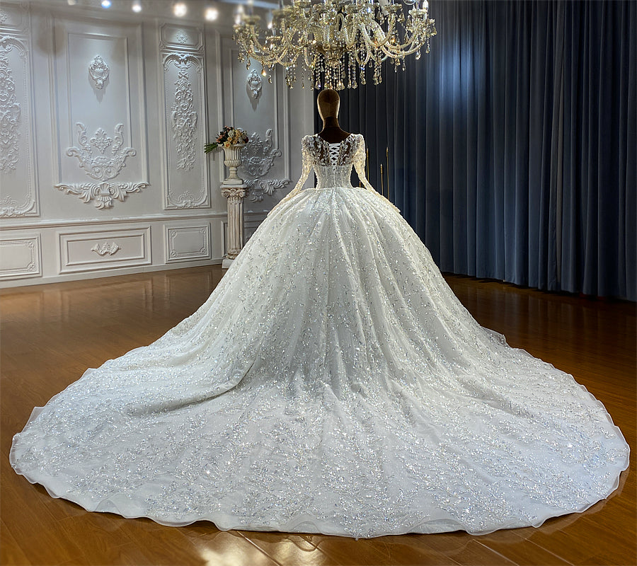 Heavy Beaded Long Sleeve Luxury dreamy Ball Gown Bridal Wedding Dress