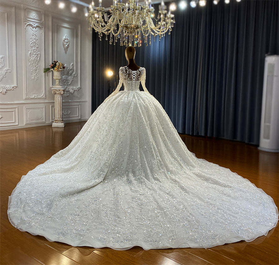 Heavy Beaded Long Sleeve Luxury dreamy Ball Gown Bridal Wedding Dress