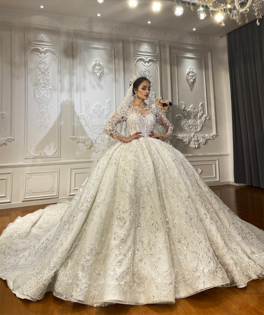Heavy Beaded Long Sleeve Luxury dreamy Ball Gown Bridal Wedding Dress