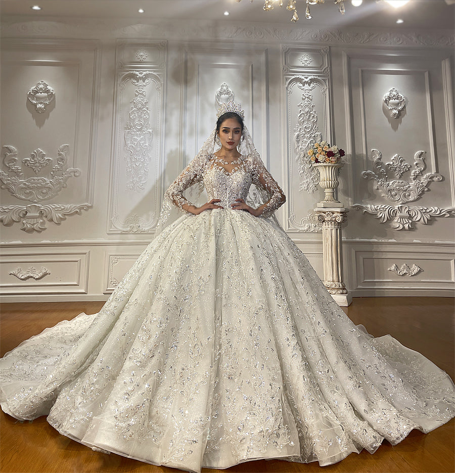 Heavy Beaded Long Sleeve Luxury dreamy Ball Gown Bridal Wedding Dress