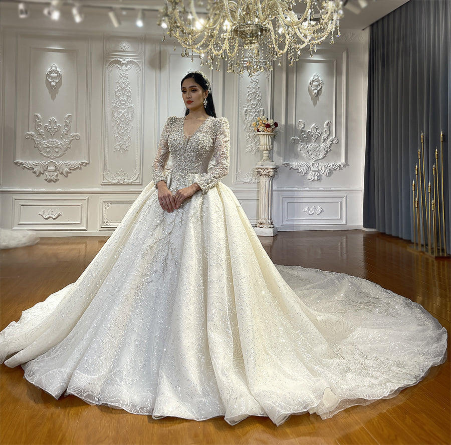 Beaded Long Sleeve Luxury Ball Gown Bridal Wedding Dress