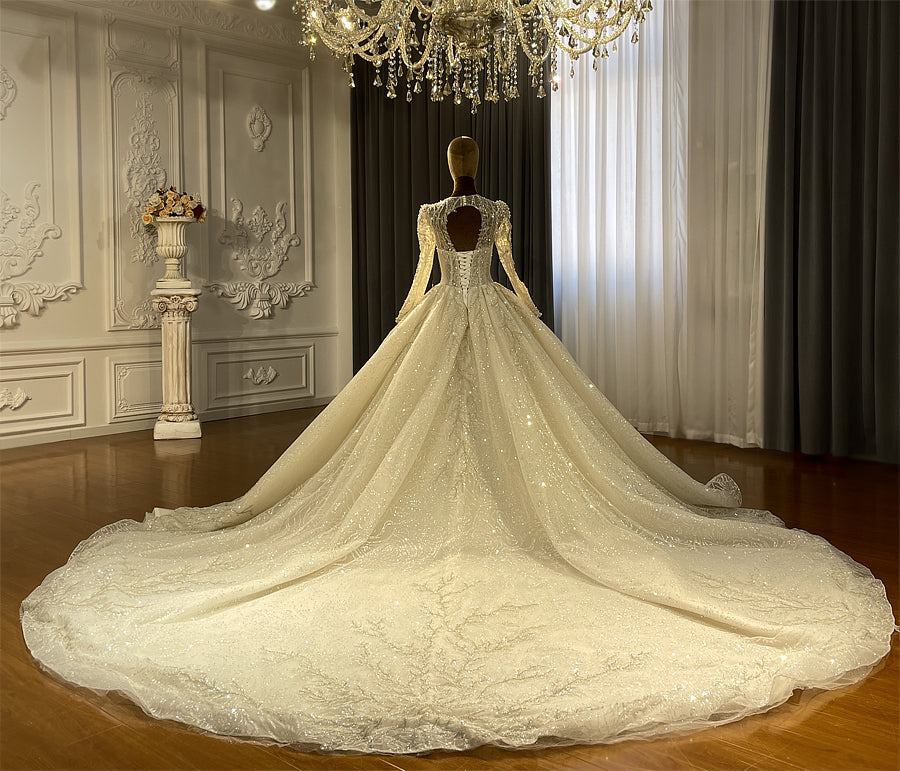 Beaded Long Sleeve Luxury Ball Gown Bridal Wedding Dress