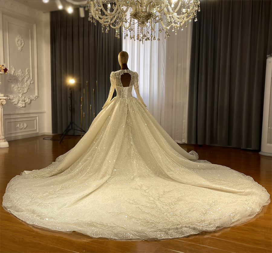 Beaded Long Sleeve Luxury Ball Gown Bridal Wedding Dress