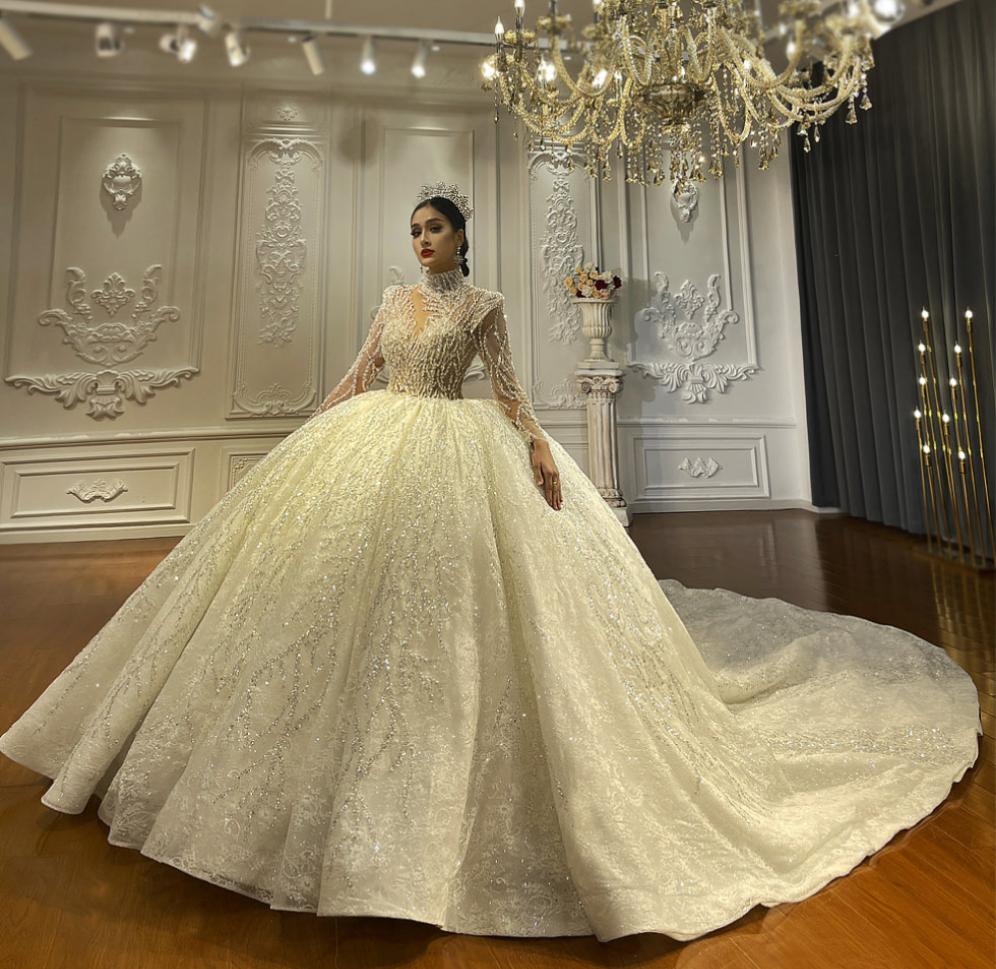 Heavy Beaded Long Sleeve Luxury Ball Gown Bridal Wedding Dress