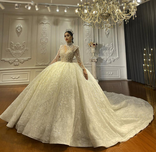 Heavy Beaded Long Sleeve Luxury  Ball Gown Bridal Wedding Dress