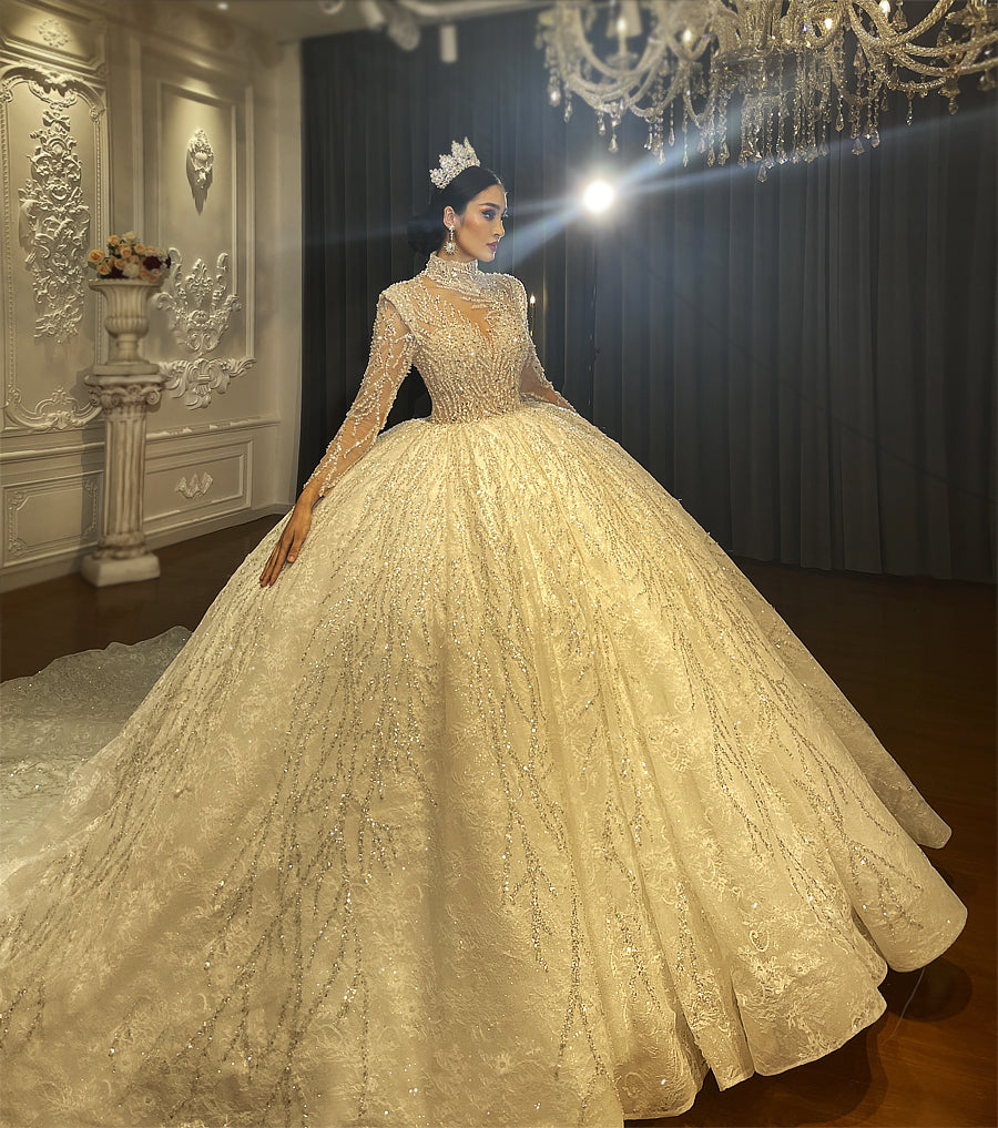 Heavy Beaded Long Sleeve Luxury Ball Gown Bridal Wedding Dress