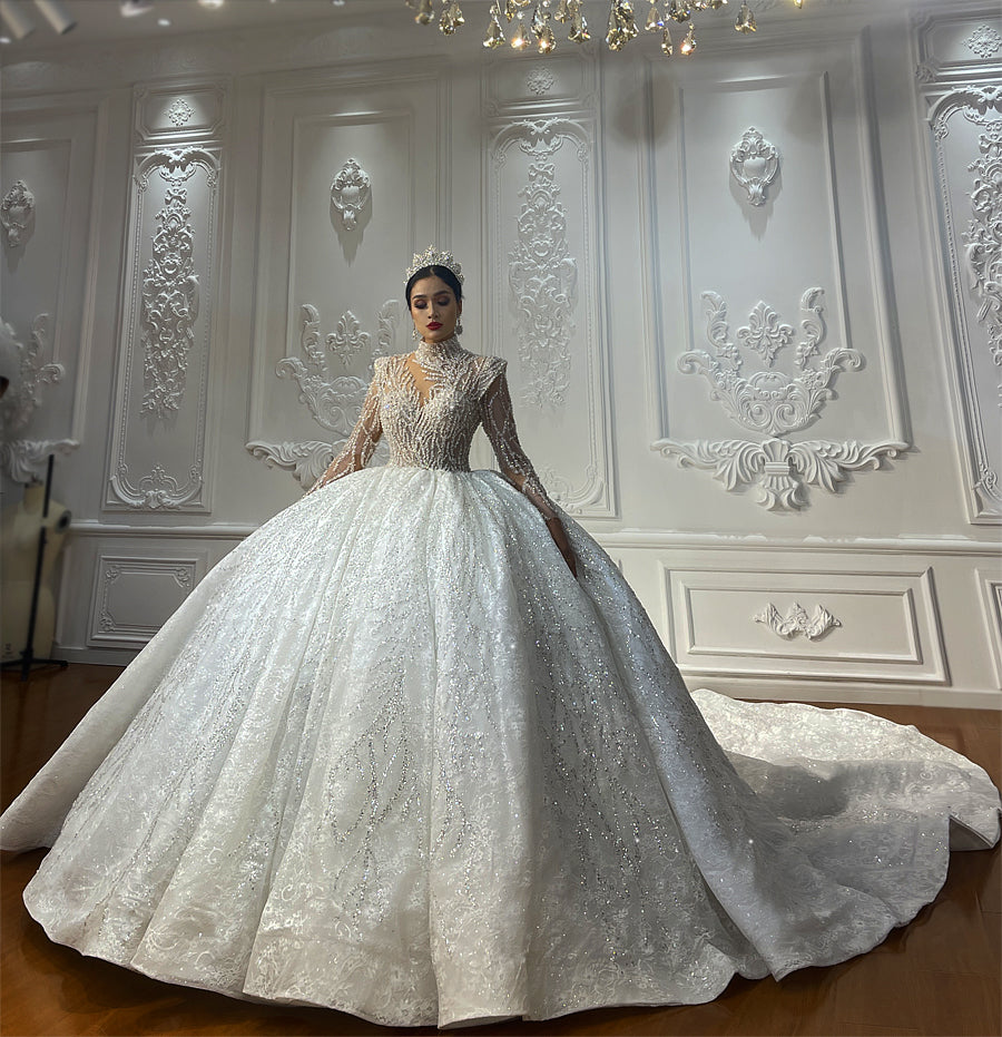 Heavy Beaded Long Sleeve Luxury Ball Gown Bridal Wedding Dress