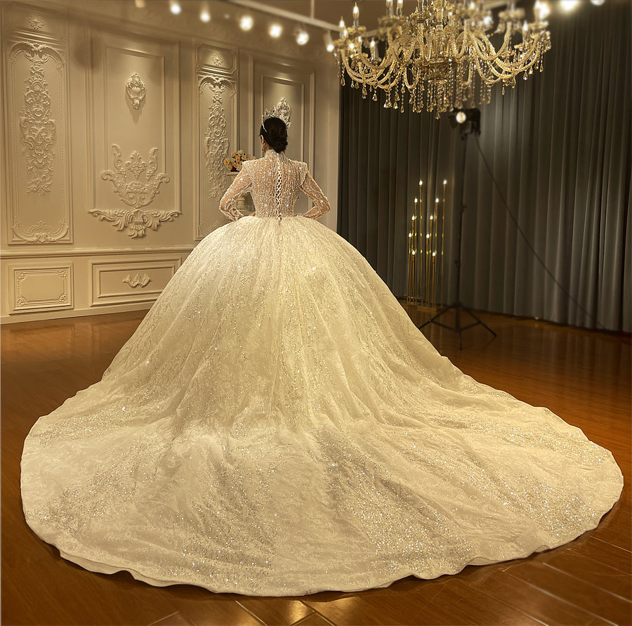 Heavy Beaded Long Sleeve Luxury Ball Gown Bridal Wedding Dress