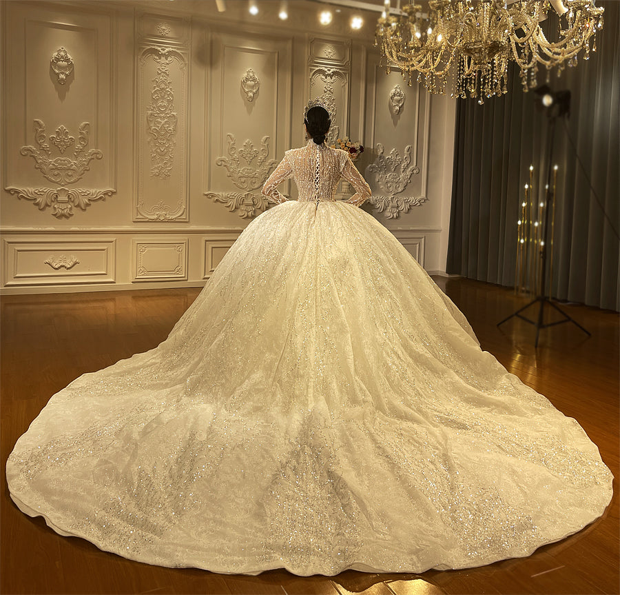 Heavy Beaded Long Sleeve Luxury Ball Gown Bridal Wedding Dress