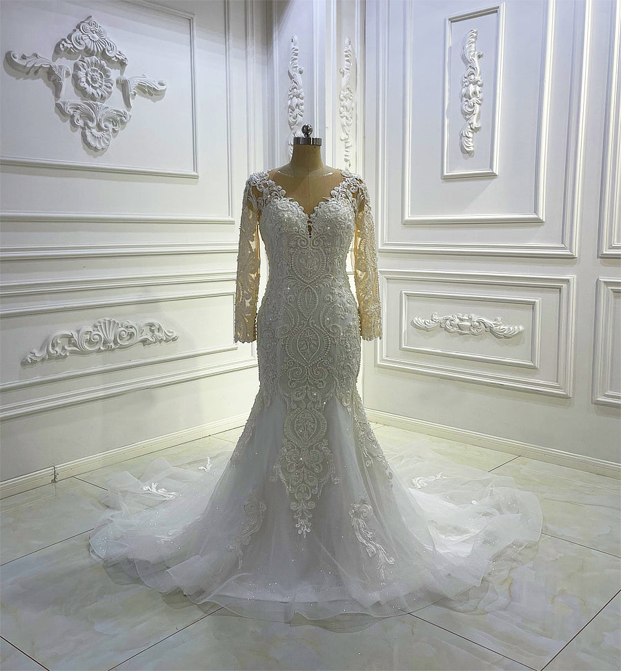 Luxury Bridal high quality Long Tail long sleeve lace Dream Wedding Dress