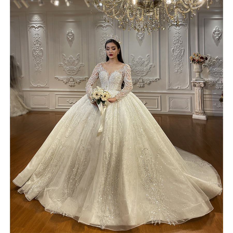 Long Sleeve Wedding Dress Beaded Bridal Dress