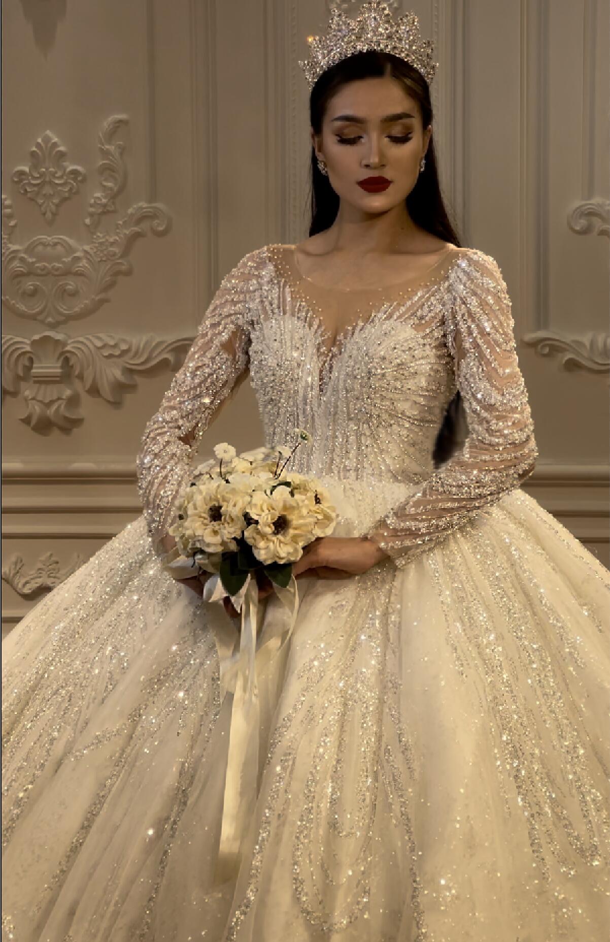 Long Sleeve Wedding Dress Beaded Bridal Dress