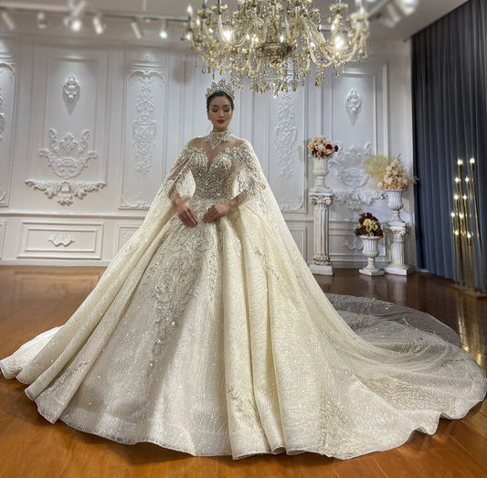 Heavy Beaded Long Sleeve with cape Luxury Bridal Wedding Dress