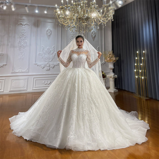 Luxury Bridal high quality high neck Long Tail lace Dream Wedding Dress