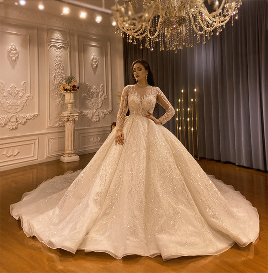 Luxury High Quality Lace long sleeves Bridal Wedding Ball Gown Dress