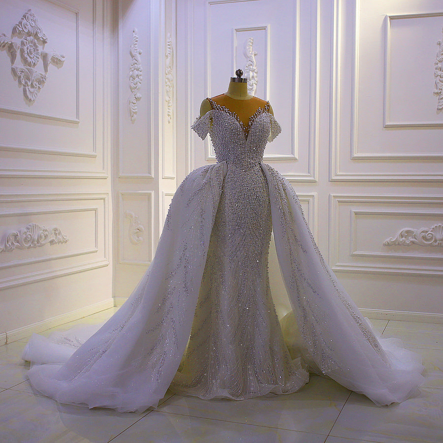 New Mermaid Wedding Dress Elegant Beaded Cross Lace Wedding Dress With Detachable Train