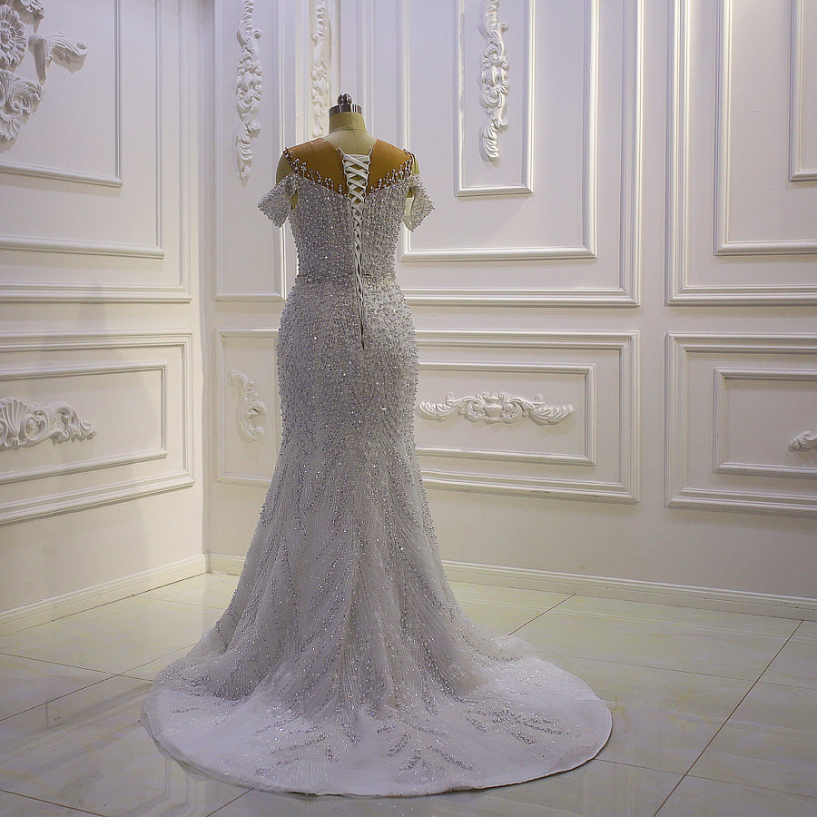 New Mermaid Wedding Dress Elegant Beaded Cross Lace  Wedding Dress With Detachable Train