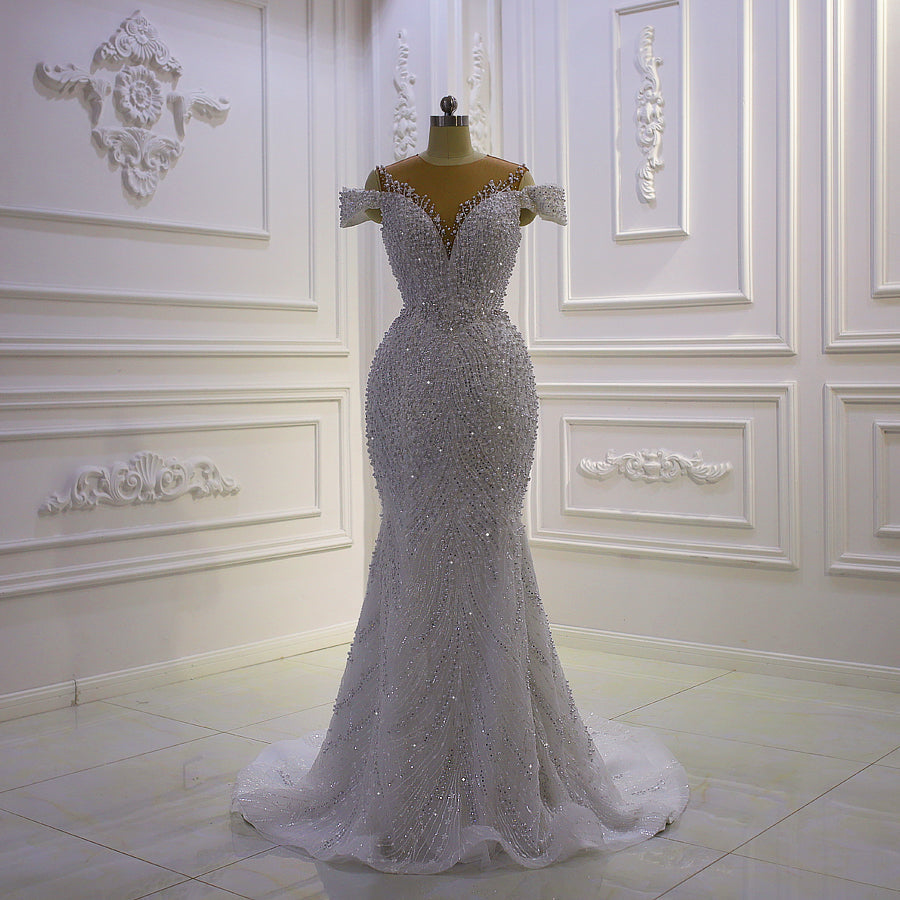 New Mermaid Wedding Dress Elegant Beaded Cross Lace Wedding Dress With Detachable Train