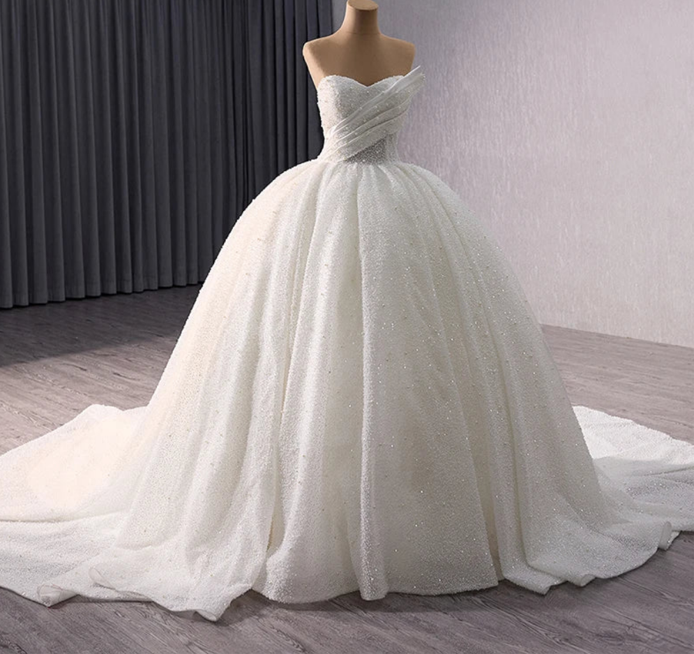 Luxury crystal beaded folds sweetheart sparkling princess ball gown wedding dress
